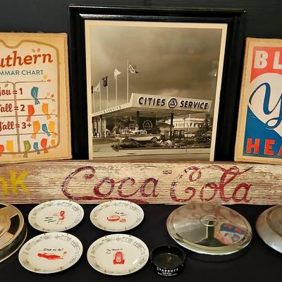 Coca-Cola Americana Collection Featuring Metal Serving Trays and Cities Service Photograph