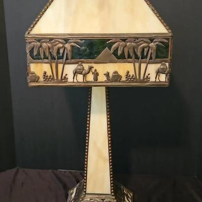 Vintage Slag Glass Table Lamp with Scenic Motif