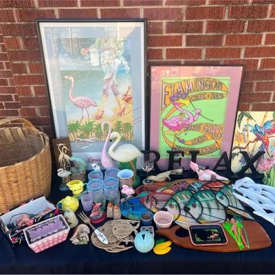 Flamingo & Fish Themed Décor Collection with Framed Art, Tabletop Accents & Coastal Accessories