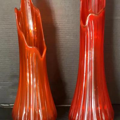 Tall Orange Swung Glass Vases with Sculptural Rims