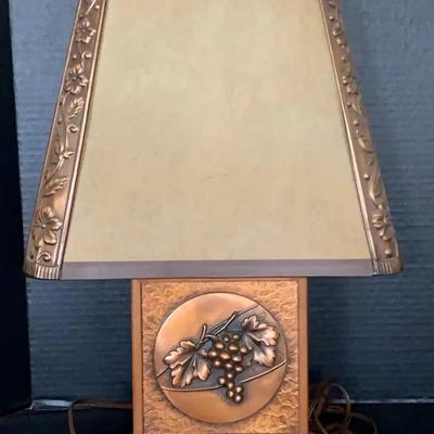 Wood and Copper-Tone Table Lamp with Grape Motif