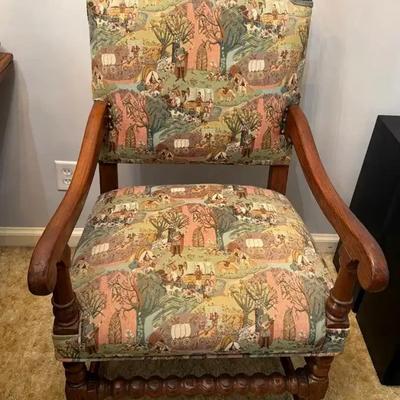 Historic Folk Art Upholstered Armchair with Carved Wood Details