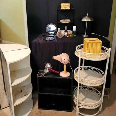Vintage Vanity Goods, Blow Dryers, Mirror & Storage Shelving Collection
