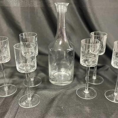 Vintage Etched Glass Decanter & Wine Glass 