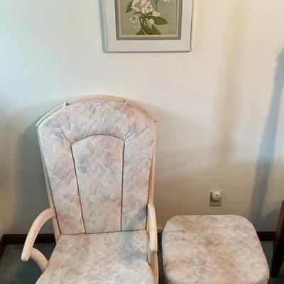 Upholstered Wooden Rocker with Matching Footrest & Framed Floral Artwork
