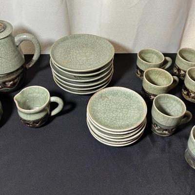 Vintage Crackle Glaze Ceramic Tea & Dish Set with Cups, Plates, Teapot & Sugar Bowl
