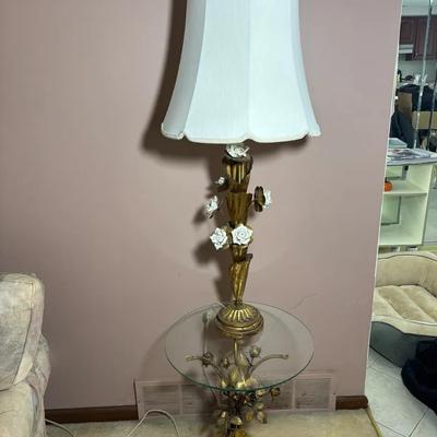 Ornate Gilt Metal Floral Table Lamp with Glass Top Side Table & Fabric Shade
