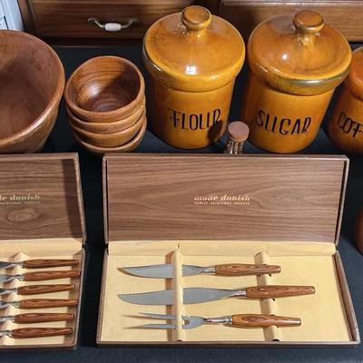 Vintage Kitchen & Dining Lot – Ceramic Canisters, Wood Bowls & Mode Danish Steak Knife Sets