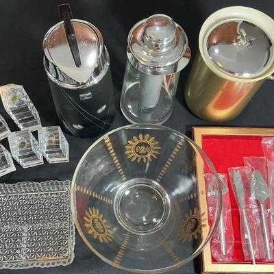 Mid-Century Barware & Entertaining Lot – Ice Bucket, Lucite Candle Holders, And More