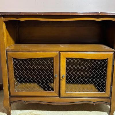 Vintage Wood Console Cabinet with Metal Mesh Doors
