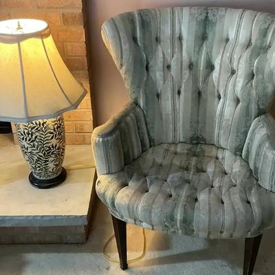 Vintage Tufted Wingback Chair & Ceramic Table Lamp Set