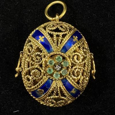 18K Gold Italian Filagree Picture Frame Pendant with Pale Emeralds & Center Diamond