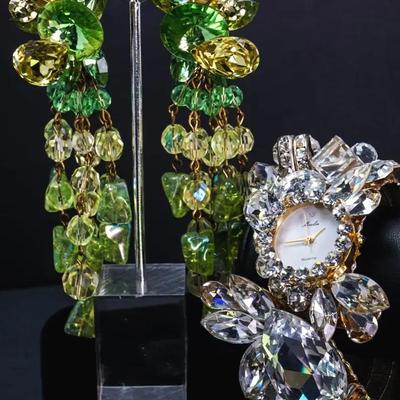  Statement Rhinestone 4.25" Clip Earrings & Moulin Hinged Cuff Watch