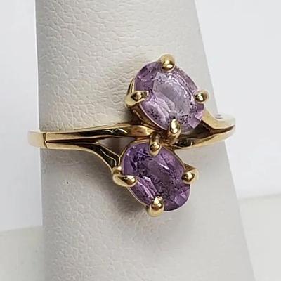 14K Gold Double Amethyst Ring - Size 7.25