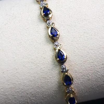 14K Gold Sapphire Link Bracelet With Diamond Accents- 7"
