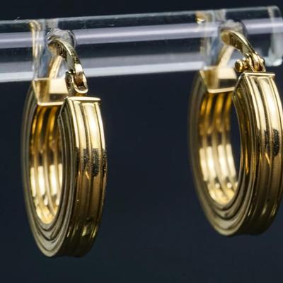 18K Gold Ribbed Hoop Earrings, Hollow - .75" Long