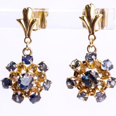 14K Gold Sapphire Cluster Dangle Earrings with 14K Backings