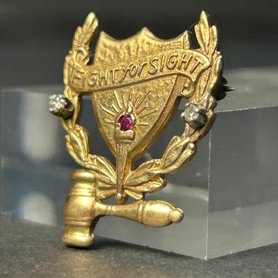 10K Gold (Marked) Pin With White Sapphire & Spinel Stones - “Fight For Sight” Engraved 