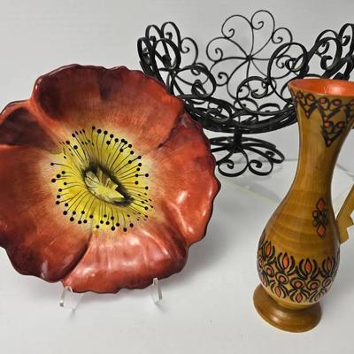 Mid-Century California Pottery Poppy Dish, Folk Art Wooden Vessel & Wrought Iron Bowl