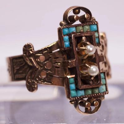10K Gold Victorian Seed Pearl & Turquoise Ring - Size 7.5
