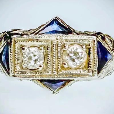 14K White Gold Art Deco Style Diamond & Sapphire Ring- Size 6