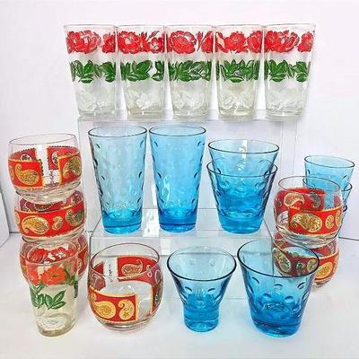 Vintage Culver Roly Poly Paisley, Hazel Atlas Blue Dot & Floral Glasses