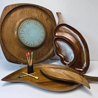 Mid-Century Modern Gladmark Tile Inset Carved Wood Serving Tray & Acacia Carved Dishes