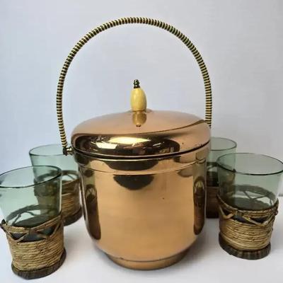 Vintage Farber Brothers Copper Ice Bucket With Pyrex Liner & Rattan Sleeved Green Glasses
