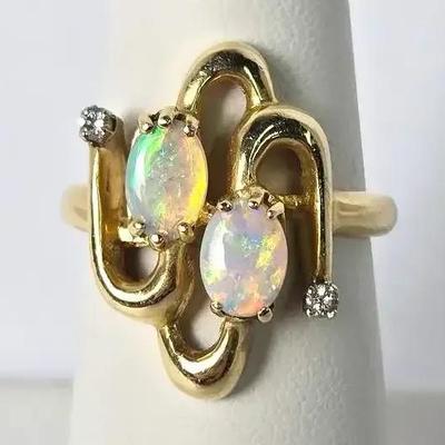 14K Gold Double Opal With Diamond Accent Ring - Size 6.75