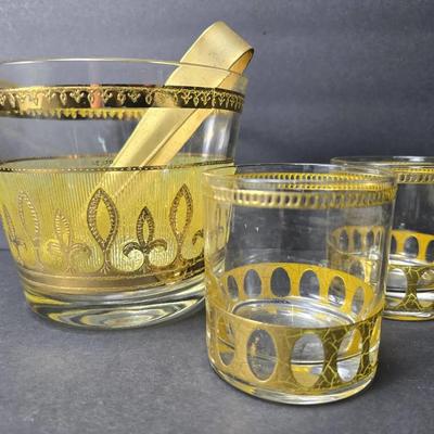 Mid-Century Culver 22K Gold Barware: Fleur De Lis Ice Bucket & Antigua Glasses (2)