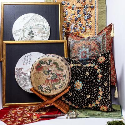 Asian Ceramic Wall Plaques, Painted Drum, Textiles & More