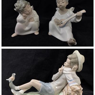 Lladro Black Legacy "Angel With Mandolin" 4537, “Angel Thinking” 4539 & "Shepherd With Bird" 4730