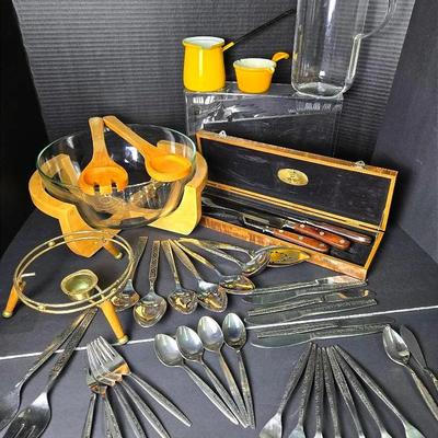 Vintage & Mid Century Kitchen: Dolphin Beechwood Salad Server, Guzzini Lucite Pitcher, Flatware More