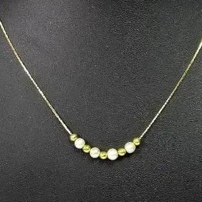 14K Gold  16" Herringbone Chain Necklace with Bead Accents