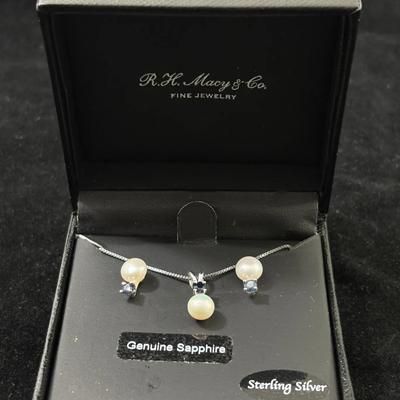 Sterling Silver, Sapphire & Cultured Pearl Necklace, Pendant & Earrings Set