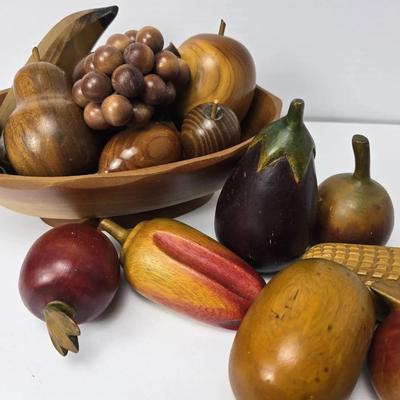 Mid-Century Wooden Fruit Bowl & Hand-Carved Fruit Decor