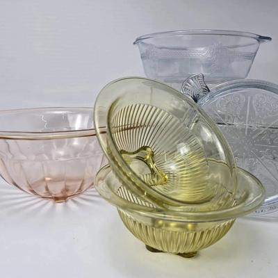 Vintage Depression Glass Mixing Bowls & Pressed Glass Servingware