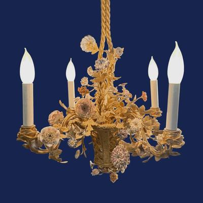 Gilt Metal Chandelier With Ceramic Flowers