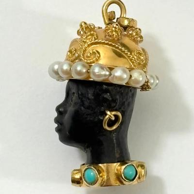 18K Gold Blackamoor Pendant With Ebony, Pearls, Ruby & Turquoise