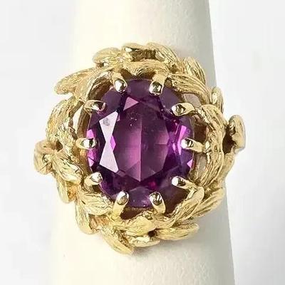 14K Gold Vintage Purple Stone Cocktail Ring - Size 6
