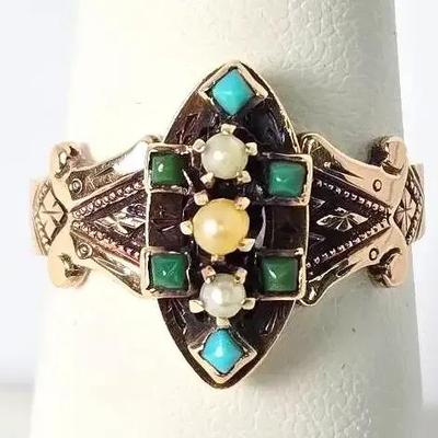 14K Gold Victorian Seed Pearl & Turquoise Ring - Size 7.25