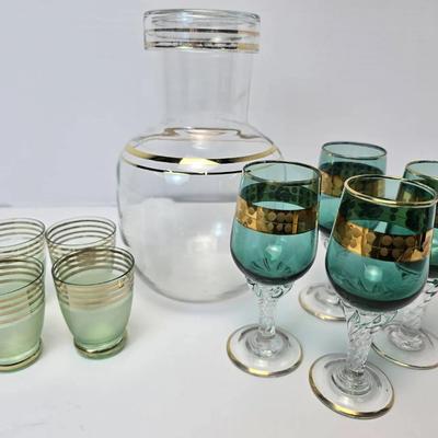 Mid-Century Modern Gold Accented Barware: Libbey Decanter, Bohemian Style Cordails