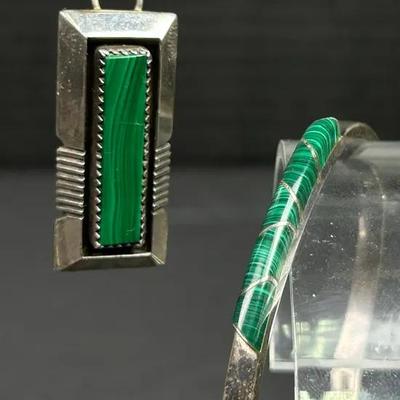 Taxco Sterling Silver / Malachite Bangle Bracelet & Pendant