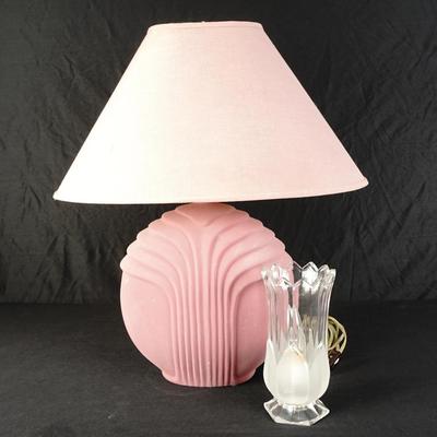 Vintage 1980’s Mauve Art Deco Lamp And Crystal Vase Lamp