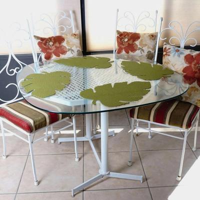 Five Piece White Wrought Iron Patio Dining Set With Glass Top
