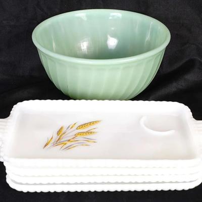 4 Fire King Anchor Hocking Milk Glass Wheat Snack Plates + Fire-King Jadeite Swirl Mixing Bowl