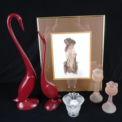 80’s Art Glass & Satin Glass Decor Assortment With Framed Art
