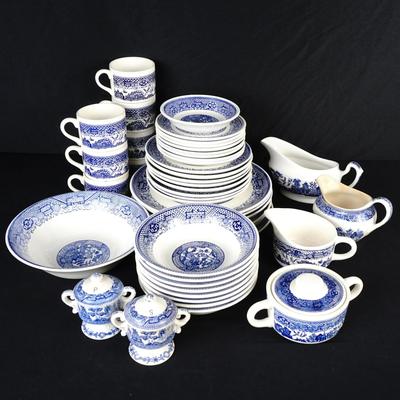 Blue Willow Style Vintage Ceramic Dinnerware & Serving 45 Piece Set