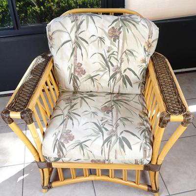 Boho Bamboo & Rattan Vintage Lounge Chair with Tropical Floral Cushions #2