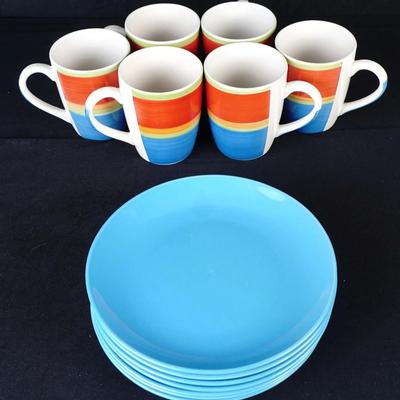Royal Norfolk Turquoise Stoneware Plates & Mambo Multicolored Mugs Set